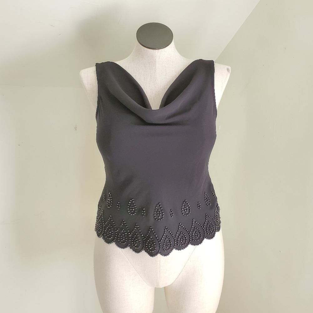 90s Vintage Black Cowl Neck Top with beaded scalloped trim and strappy back - Picture 1 of 5